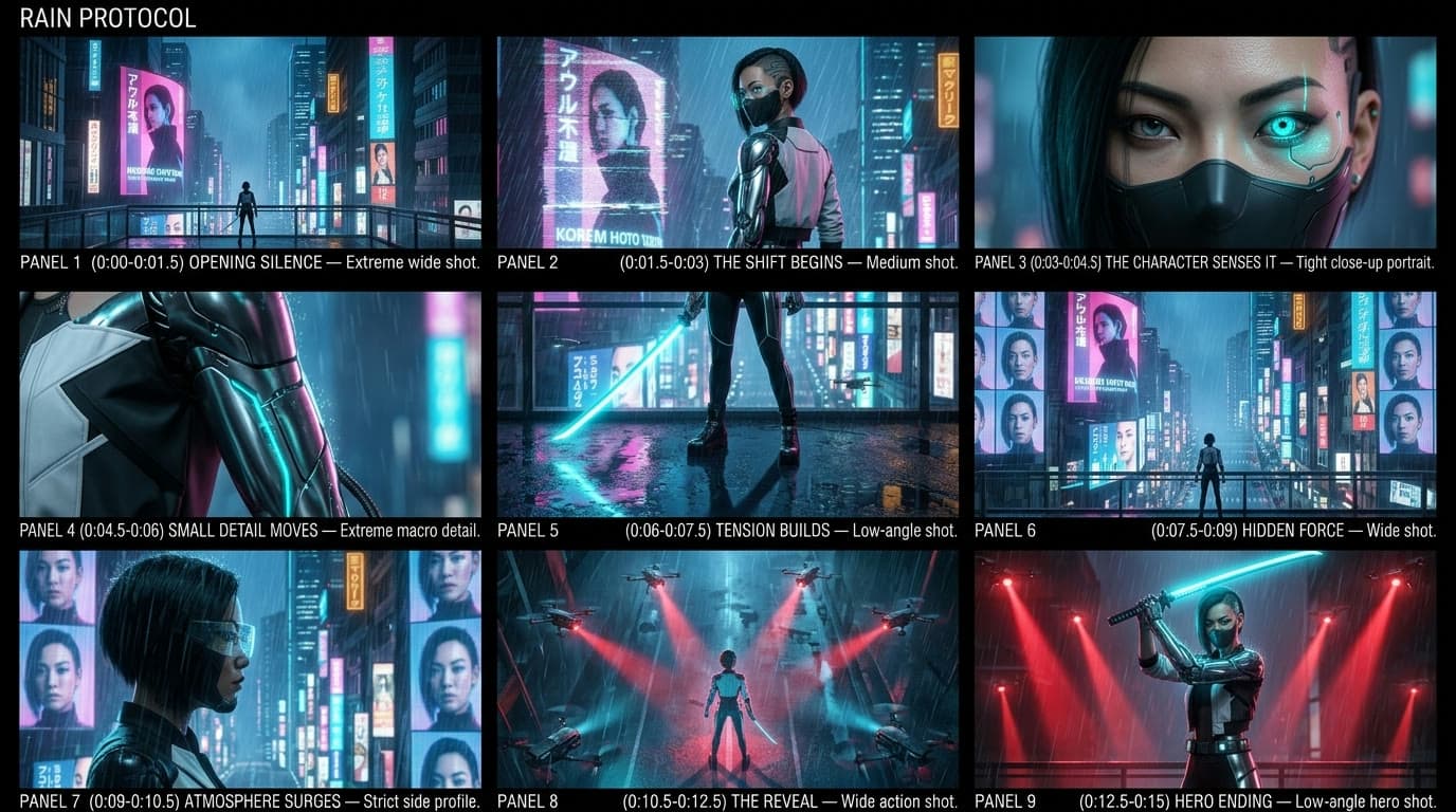 Storyboard de Rain Protocol, parte 1: nueve paneles cronometrados de 0:00 a 0:15, del plano general de la ciudad lluviosa al hero shot de la guardiana.