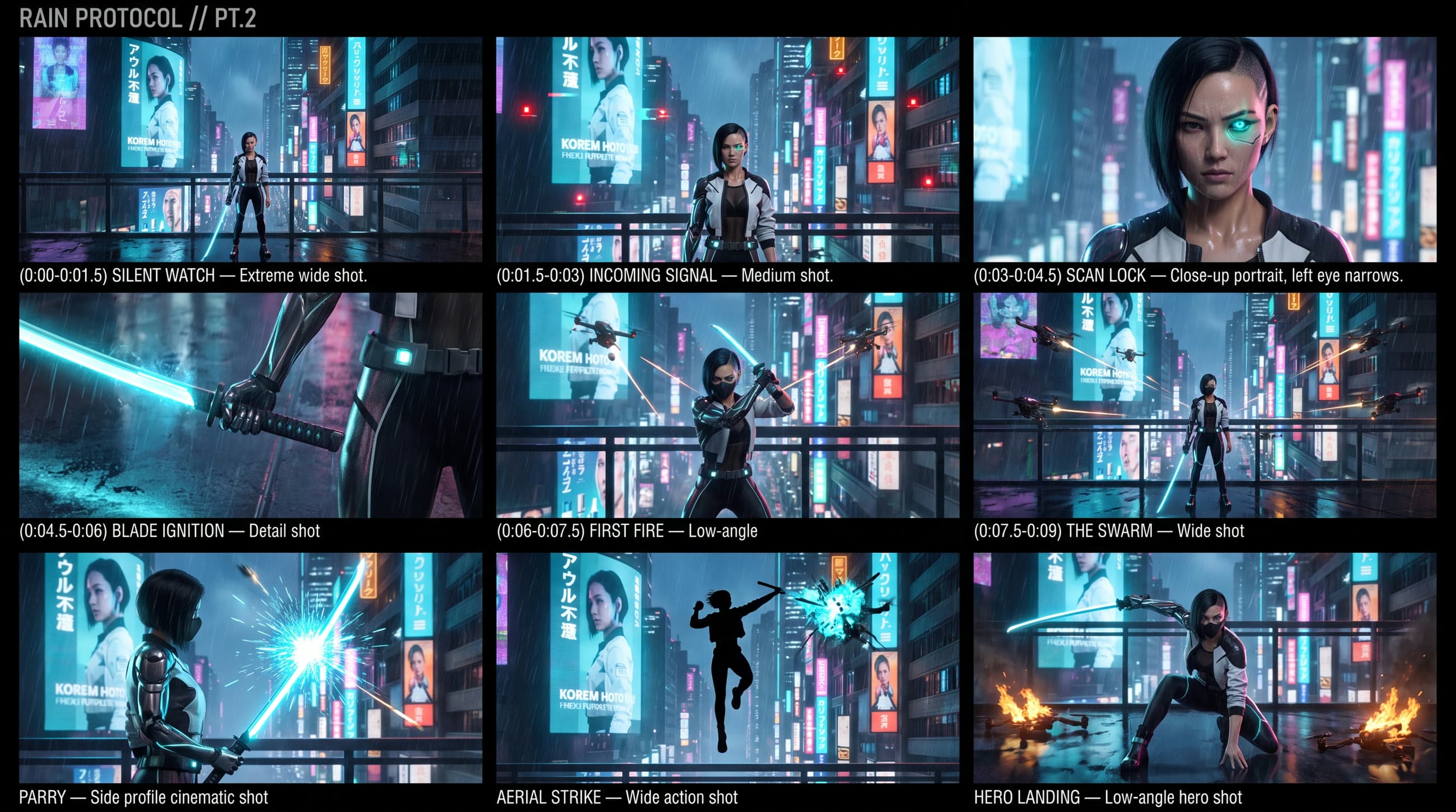 Storyboard de Rain Protocol, parte 2: nueve paneles cronometrados del combate de la guardiana contra el enjambre de drones.