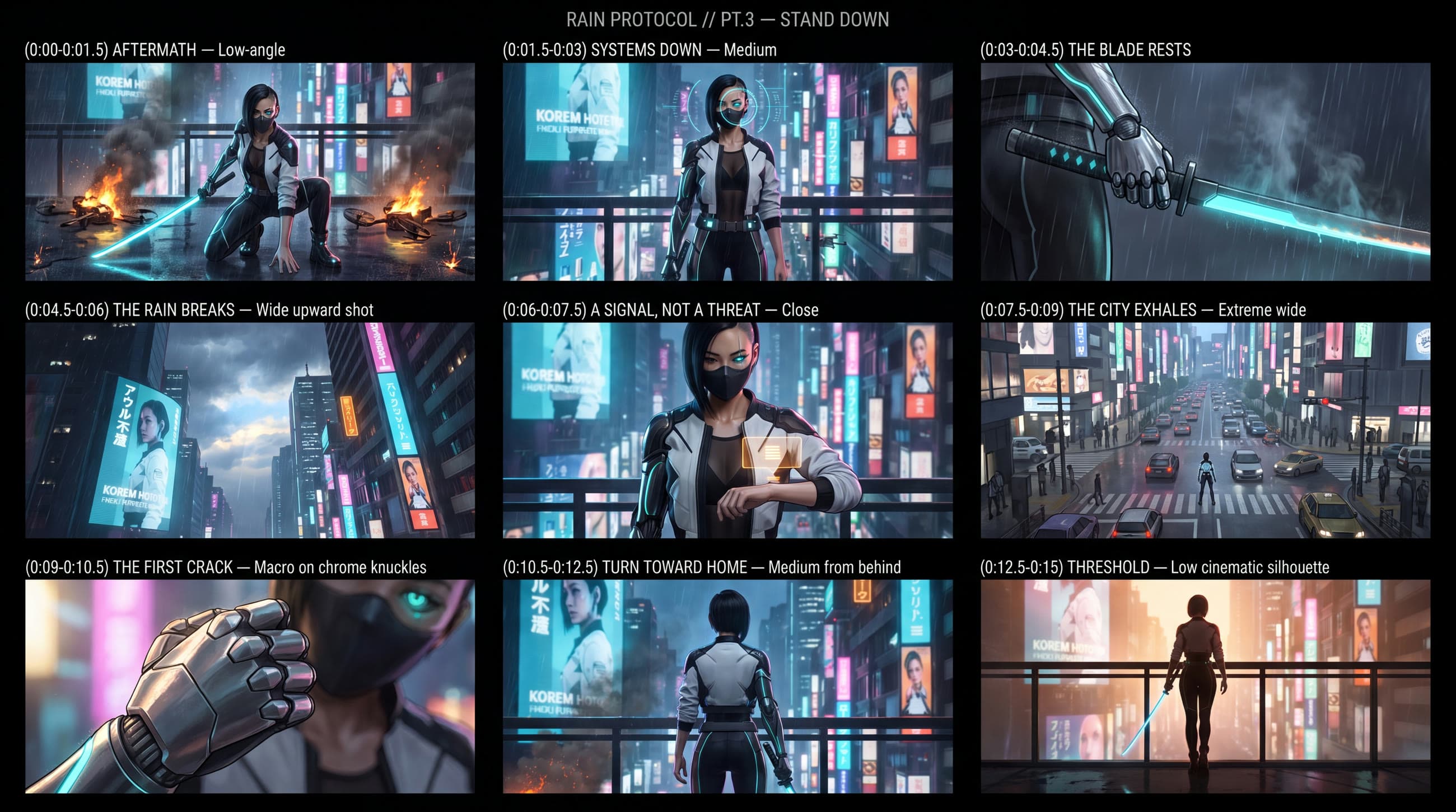 Storyboard de Rain Protocol, parte 3: nueve paneles cronometrados en los que la ciudad se calma y la amenaza se revela como una señal.