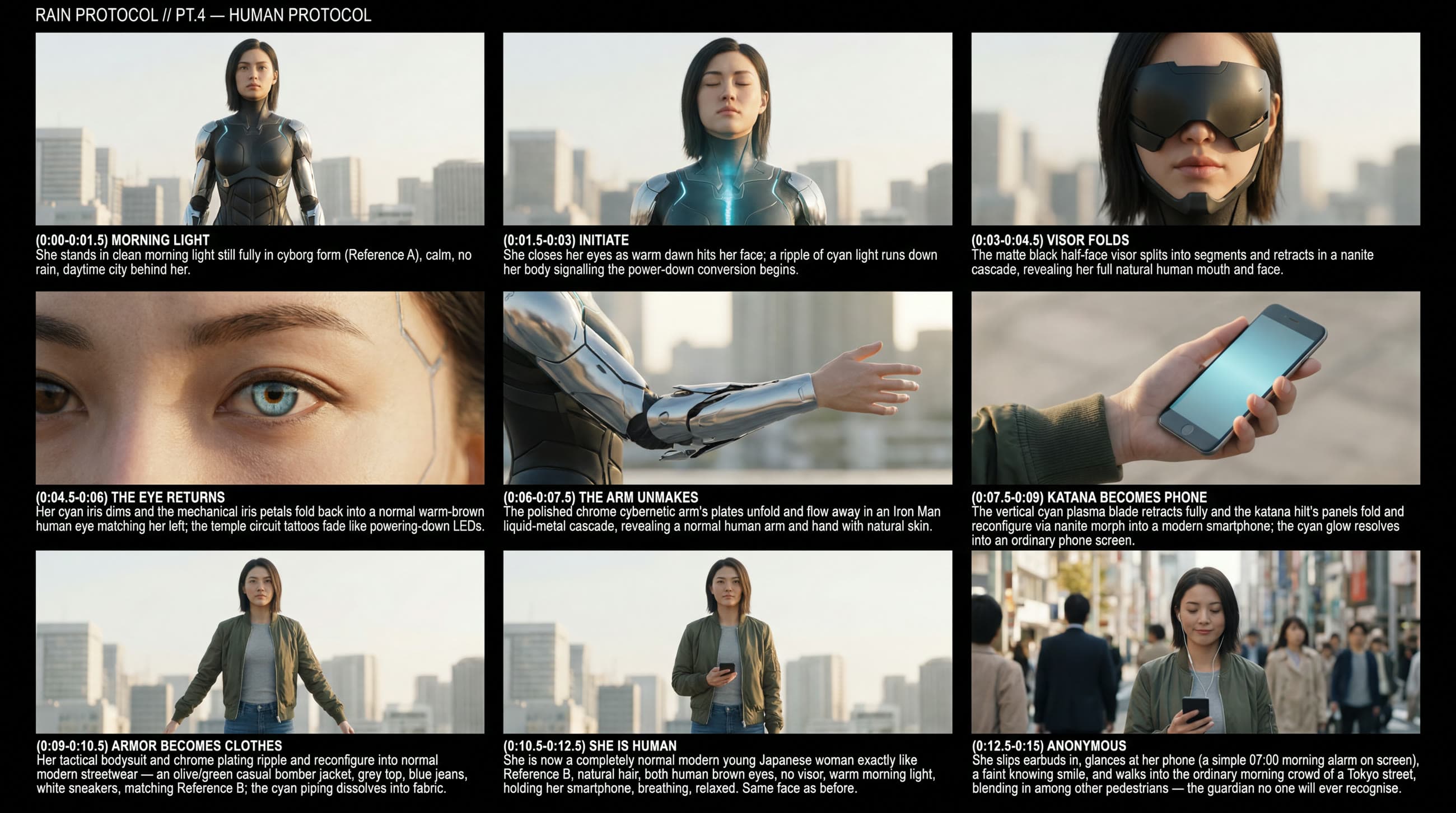 Storyboard de Rain Protocol, parte 4: nueve paneles cronometrados de la transformación de la guardiana en ciudadana anónima.