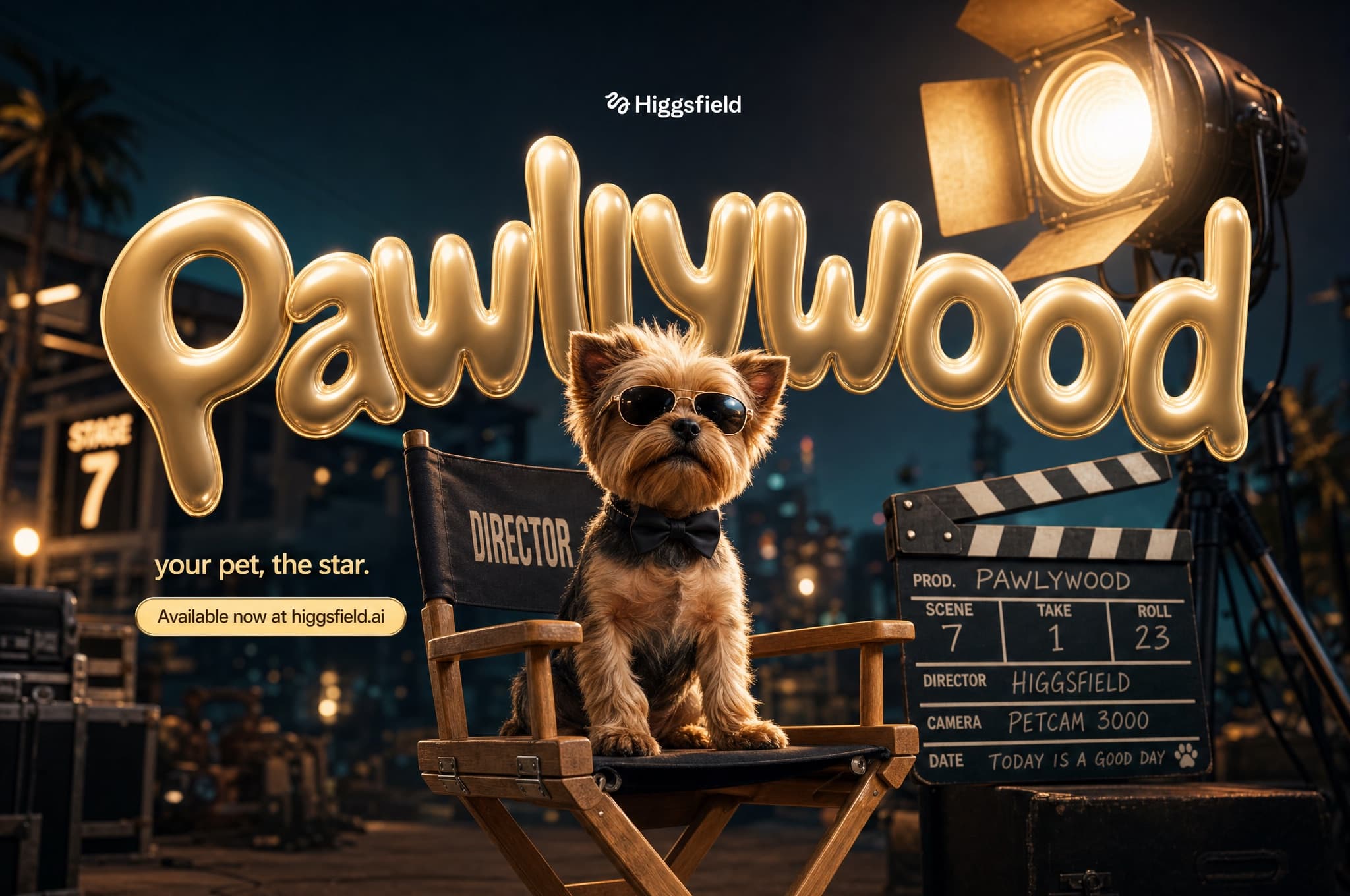 Fotograma de Pawlywood Studios, el estudio de cine con IA para mascotas: un perro protagonizando su propio plano de cine.