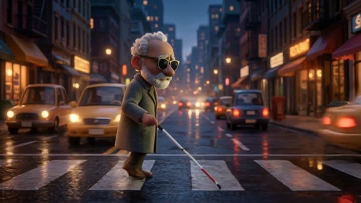 Fotograma de animación 3D generado con IA: un anciano con gafas de sol y bastón blanco cruza un paso de peatones en una avenida nocturna.