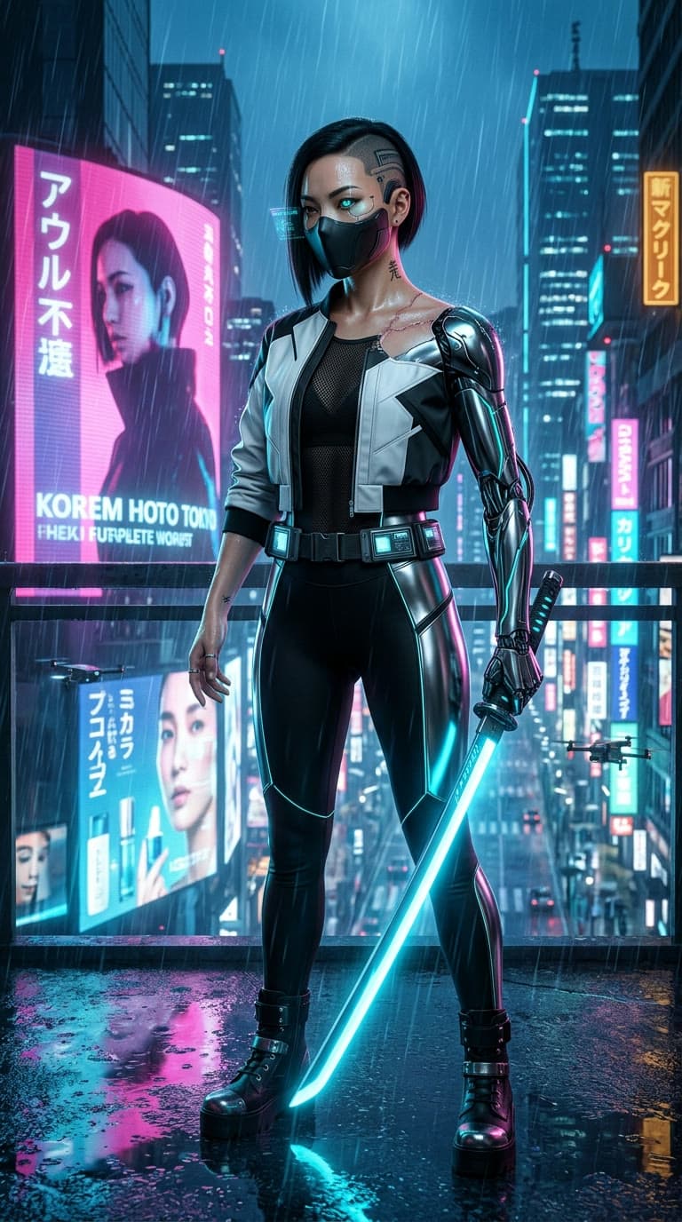 Referencia A del personaje: la guardiana, con máscara táctica, brazo cibernético y katana de luz, bajo la lluvia de neón de una ciudad japonesa.