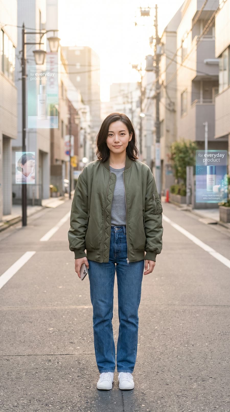 Referencia B del personaje: la misma mujer como ciudadana anónima, con bomber verde y vaqueros, en una calle japonesa a la luz del amanecer.